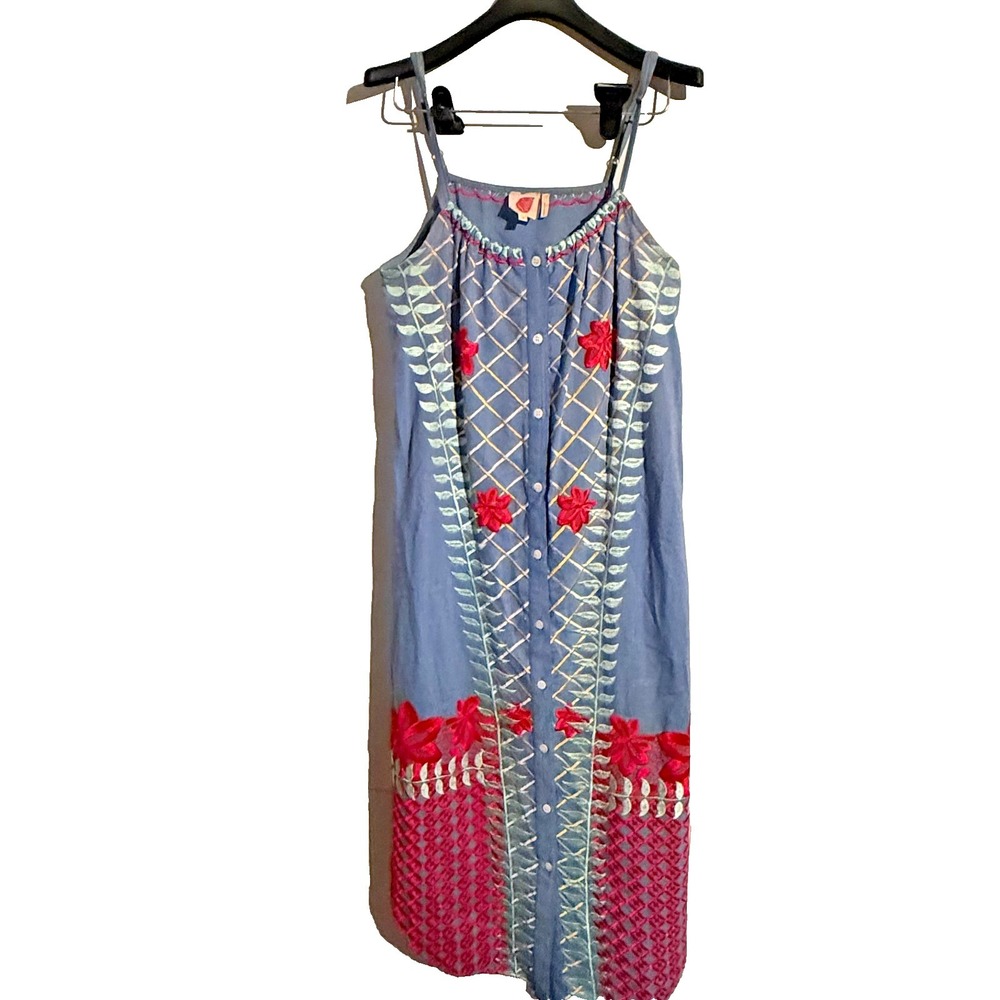 Anthropologie Blue Maxi Dress with Pink & Red Embroidery